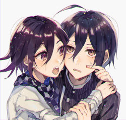Rule 34 | 2boys, ahoge, arm around shoulder, black hair, black jacket, brown eyes, buttons, checkered clothes, checkered neckwear, checkered scarf, commentary request, danganronpa (series), danganronpa v3: killing harmony, fang, from side, grey background, jacket, long sleeves, looking at another, looking at viewer, male focus, multiple boys, oma kokichi, onko, open mouth, purple eyes, saihara shuichi, scarf, short hair, simple background, striped clothes, striped jacket, upper body, white jacket, yaoi