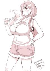 Rule 34 | 10s, 1girl, 2016, alternate breast size, bag, breasts, dated, energy gun, female focus, gloves, hand on own hip, handbag, himukaze, large breasts, looking at viewer, monochrome, narusawa ryouka, occultic;nine, one eye closed, parted lips, ray gun, shirt tucked in, short hair, shorts, signature, simple background, solo, thighs, translation request, twitter username, weapon, white background