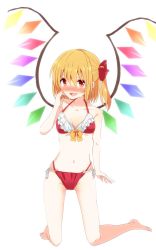 Rule 34 | &gt;:d, 1girl, :d, adapted costume, aoi (annbi), barefoot, bikini, blonde hair, blush, breasts, flandre scarlet, highres, hip bones, legs, navel, open mouth, red bikini, red eyes, side-tie bikini bottom, side ponytail, small breasts, smile, solo, squatting, sweat, swimsuit, touhou, v-shaped eyebrows, wings