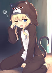 Rule 34 | 1girl, ;o, absurdres, animal costume, animal ears, animal hood, arm support, barefoot, between legs, blonde hair, blue eyes, blurry, blurry background, blush, cat costume, cat ears, cat hood, cat pajamas, cat tail, commentary request, day, depth of field, eyelashes, fang, gabriel dropout, gabriel tenma white, hair between eyes, hand between legs, highres, hood, hood up, indoors, light, long hair, long sleeves, looking at viewer, megarisu, on floor, one eye closed, open mouth, pajamas, rubbing eyes, short hair with long locks, sidelocks, sitting, sleepy, solo, squiggle, tail, wariza, wiping face, wooden floor