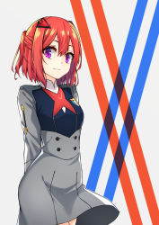 Rule 34 | 10s, 1girl, arms behind back, character request, commentary, cosplay, cowboy shot, darling in the franxx, half updo, healther, highres, looking at viewer, military, military uniform, original, purple eyes, red hair, short hair, simple background, smile, solo, uniform