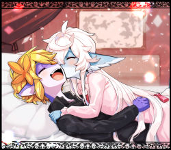 Rule 34 | 1boy, 1girl, animal ears, blonde hair, blush, cat ears, colored skin, closed eyes, furry, kiss, long hair, lying, lying on person, on back, on bed, open mouth, original, pillow, purple skin, short hair, white hair, yadayada