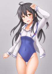 Rule 34 | 1girl, ahoge, anti (untea9), arms up, black hair, blue one-piece swimsuit, breasts, collarbone, competition school swimsuit, cowboy shot, crescent moon, gluteal fold, gradient background, grey background, hair between eyes, high school fleet, highres, jacket, kantai collection, long hair, mikazuki (kancolle), moon, one-piece swimsuit, open mouth, school swimsuit, small breasts, smile, solo, swimsuit, swimsuit under clothes, two-tone swimsuit, white jacket, white one-piece swimsuit, yellow eyes
