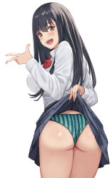 Rule 34 | 1girl, :d, arm behind back, ass, back, black hair, blush, bow, bowtie, breasts, brown eyes, clothes lift, cowboy shot, dress shirt, fingernails, from behind, green panties, hair between eyes, hand up, highres, kurowan, large breasts, lifted by self, long hair, looking at viewer, looking back, open mouth, original, panties, pleated skirt, school uniform, shiny skin, shirt, simple background, skirt, skirt lift, smile, solo, standing, striped clothes, striped panties, thong, twisted torso, underwear, vertical-striped clothes, vertical-striped panties, w, wedgie