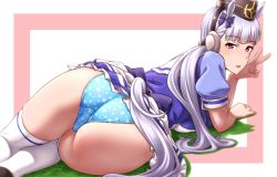 Rule 34 | 1girl, animal ears, ass, bad id, bad pixiv id, blouse, blue panties, blunt bangs, blush, breasts, cameltoe, from behind, gold ship (umamusume), hat, highres, horse ears, horse girl, horse tail, huge ass, kobamiso, large breasts, long hair, looking at viewer, lying, miniskirt, on stomach, open mouth, panties, purple eyes, purple shirt, school uniform, shiny skin, shirt, sideboob, silver hair, skirt, smile, solo, tail, thighhighs, umamusume, underwear, very long hair, white thighhighs