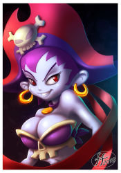 Rule 34 | 14-bis, 1girl, bandana, bare shoulders, blue skin, breasts, buttons, choker, cleavage, colored skin, earrings, hat, hoop earrings, jewelry, large breasts, looking at viewer, midriff, narrow waist, pirate, pirate hat, purple hair, red eyes, risky boots, shantae (series), simple background, skull, solo