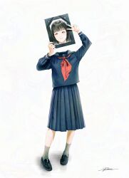 Rule 34 | 1girl, black footwear, black hair, blue sailor collar, blue serafuku, blue shirt, blue skirt, brown eyes, closed mouth, commentary, fracoco, full body, grey socks, headless, highres, holding, holding photo, horror (theme), iei, loafers, long sleeves, looking at viewer, neckerchief, original, photo (object), pleated skirt, portrait (object), puffy sleeves, red neckerchief, sailor collar, school uniform, serafuku, shirt, shoes, signature, simple background, skirt, socks, solo, standing, v, white background