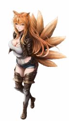 Rule 34 | 1girl, animal ears, armor, arms behind back, blush, boots, breast tattoo, breasts, brown eyes, chaps, character request, commentary, commentary request, copyright request, covered navel, cutoffs, denim, denim shorts, fox ears, fox tail, full body, greaves, highres, imizu (nitro unknown), jacket, kitsune, leather, leather jacket, leotard, leotard under clothes, lips, long hair, medium breasts, multiple tails, orange hair, short shorts, shorts, smile, solo, tail, tattoo, thighhighs
