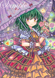 Rule 34 | 1girl, blush, bow, brown dress, closed mouth, collar, dress, floral background, flower, gem, green hair, hair between eyes, hands up, heart, holding, holding umbrella, jewelry, kazami yuuka, leaf, looking at viewer, marker (medium), multicolored clothes, multicolored dress, no headwear, orange dress, pink flower, pink rose, plaid, plaid dress, puffy short sleeves, puffy sleeves, red bow, red dress, rose, rui (sugar3), sample watermark, short sleeves, smile, solo, touhou, traditional media, umbrella, watermark, white collar, white flower, white sleeves, wrist cuffs, yellow eyes, yellow neckwear