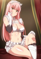 Rule 34 | 1girl, bare shoulders, blush, boots, bra, breasts, cleavage, closed mouth, crop top, elbow gloves, fate/grand order, fate (series), gloves, hara (harayutaka), highres, knee boots, knee up, large breasts, long hair, looking at viewer, medb (fate), pink hair, sitting, skirt, smile, sweat, thighs, tiara, underwear, white bra, white footwear, white gloves, white skirt, yellow eyes