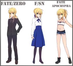 Rule 34 | 3girls, ahoge, artoria pendragon (all), artoria pendragon (fate), belt, bikini, bikini top only, black gloves, black legwear, blonde hair, boots, braid, breasts, cutoffs, denim, denim shorts, dual persona, fate/apocrypha, fate/stay night, fate/zero, fate (series), formal, french braid, gloves, green eyes, hair bun, hair ribbon, high-waist skirt, high ponytail, jewelry, long hair, long skirt, midriff, mordred (fate), mordred (fate/apocrypha), mordred (memories at trifas) (fate), mordred (mythology), mother and daughter, multiple girls, navel, necklace, necktie, no shoes, pant suit, pants, pantyhose, pendant, ponytail, ribbon, saber (fate), short hair, short shorts, shorts, single hair bun, skirt, small breasts, smile, suit, swimsuit, tank top, tusia