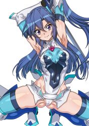 Rule 34 | 1girl, absurdres, armpits, arms up, ass, blue eyes, blue hair, blue leotard, blue thighhighs, blush, breasts, cameltoe, covered erect nipples, covered navel, elbow gloves, gloves, gluteal fold, highleg, highleg leotard, highres, kazanari tsubasa, leotard, long hair, looking at viewer, medium breasts, multicolored leotard, one side up, purple eyes, senki zesshou symphogear, shiny clothes, shiny skin, simple background, skin tight, skindentation, smile, solo, spread legs, squatting, sword, syunzou, thighhighs, weapon, white background, white leotard