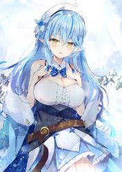 Rule 34 | 1girl, ahoge, beret, blue bow, blue bowtie, blue hair, blue skirt, blush, bow, bowtie, breasts, cleavage, half updo, hat, highres, hololive, large breasts, long hair, looking at viewer, nekopote, pointy ears, skirt, smile, solo, virtual youtuber, white hat, yellow eyes, yukihana lamy