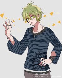 Rule 34 | 108 (toowa), 1boy, :d, amami rantaro, bracelet, collarbone, commentary request, cowboy shot, danganronpa (series), danganronpa v3: killing harmony, earrings, green eyes, green hair, grey background, hair between eyes, hand on own hip, hand up, jewelry, looking at viewer, male focus, necklace, open mouth, pants, ring, shirt, short hair, smile, solo, thumb ring