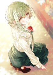 Rule 34 | 1girl, blurry, blurry background, blush, cecilia (shiro seijo to kuro bokushi), closed mouth, commentary request, flower, from above, green eyes, green hair, green skirt, hair between eyes, holding, holding flower, kazutake hazano, long hair, long skirt, long sleeves, looking at viewer, looking back, outdoors, shiro seijo to kuro bokushi, shirt, sidelocks, skirt, smile, solo, white shirt