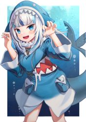 Rule 34 | 1girl, 29hyeon, absurdres, animal costume, animal hood, arms up, blue eyes, blue hair, blue hoodie, blue nails, blunt bangs, blush, border, fins, fish bone, fish tail, gawr gura, gawr gura (1st costume), hair ornament, highres, hololive, hololive english, hood, hoodie, huge filesize, long sleeves, looking at viewer, medium hair, multicolored hair, nail polish, shark costume, shark girl, shark hair ornament, shark hood, shark print, shark tail, sharp teeth, side ponytail, silver hair, solo, streaked hair, tail, teeth, underwater, virtual youtuber, white border, wide sleeves