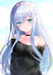 Rule 34 | 1girl, bare shoulders, black shirt, blouse, blue eyes, blush, breasts, choker, emily (pure dream), hair between eyes, hairband, long hair, looking at viewer, original, shirt, simple background, small breasts, smile, solo, strapless, upper body, white hair
