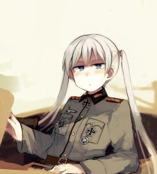 Rule 34 | 1girl, bad id, bad twitter id, belt, blue eyes, blush, buttons, collared shirt, commentary request, cross, expressionless, flat chest, heer, iron cross, jitome, long hair, long sleeves, looking at viewer, lowres, md5 mismatch, milihime taisen, military, military uniform, military vehicle, motor vehicle, ohashi (hashidate), pocket, resized, shirt, solo, swastika, tank, twintails, uniform, upper body, vehicle, wehrmacht, wenck, wenck (milihime taisen), white hair, world war ii