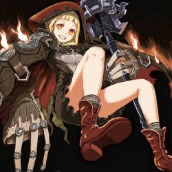 Rule 34 | 1girl, black background, blonde hair, boots, cloak, fire, full body, grin, highres, holding, hood, hooded cloak, red riding hood (sinoalice), long sleeves, looking at viewer, mace, simple background, sinoalice, smile, solo, teeth, ume (yume uta da), weapon