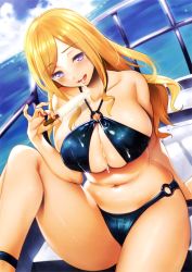 Rule 34 | 1girl, :d, absurdres, arm support, bikini, black bikini, blonde hair, blue eyes, blush, breasts, bright pupils, cleavage, cloud, cloudy sky, criss-cross halter, curvy, day, dutch angle, fisheye, food, food on body, halterneck, highres, horizon, huge breasts, long hair, looking at viewer, nail polish, navel, o-ring, o-ring bikini, open mouth, outdoors, popsicle, scan, sitting, sky, smile, solo, swimsuit, tomohiro kai, toranoana, wide hips