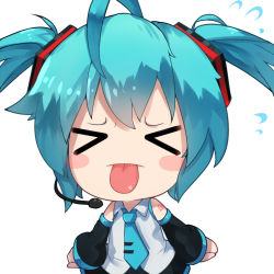 Rule 34 | &gt; &lt;, 1girl, ahoge, blue hair, blush stickers, chibi, detached sleeves, closed eyes, flying sweatdrops, hatsune miku, headset, long sleeves, necktie, qys3, shirt, skirt, solo, tattoo, tongue, tongue out, twintails, vocaloid, wide sleeves