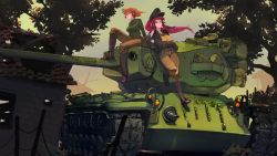 Rule 34 | 2girls, absurdres, black pants, boots, breasts, brown pants, closed mouth, commission, floating hair, forest, green shirt, grey jacket, hat, heterochromia, highres, jacket, large breasts, long hair, looking at viewer, military, military uniform, military vehicle, motor vehicle, multiple girls, nature, open clothes, open jacket, orange hair, original, pants, peaked cap, polilla, ponytail, red hair, shirt, smile, tank, tree, uniform, very long hair