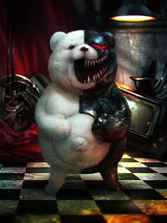 Rule 34 | 10s, animal ears, bacius, bear, bear ears, bear paws, black eyes, ceiling light, checkered floor, commentary request, cyborg, danganronpa: trigger happy havoc, danganronpa (series), glowing, hands on own stomach, metal, monokuma, navel, no humans, open mouth, photorealistic, prosthesis, prosthetic arm, realistic, red eyes, shadow, sharp teeth, smile, solo, standing, stuffed animal, stuffed toy, teddy bear, teeth, television, tile floor, tiles