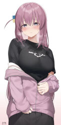 Rule 34 | 1girl, absurdres, black shirt, black skirt, blue eyes, blush, bocchi the rock!, breasts, closed mouth, cube hair ornament, gotoh hitori, gradient background, hair between eyes, hair ornament, heavy breathing, highres, hot, jacket, large breasts, long hair, long sleeves, looking at viewer, one side up, open clothes, open jacket, oz ma33, partially unzipped, pink hair, pink jacket, shirt, short sleeves, signature, skirt, sleeves past wrists, solo, sweat, track jacket, twitter username, unzipping, wavy mouth, white background, zipper, zipper pull tab