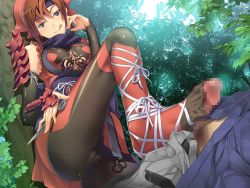 Rule 34 | 1girl, ass, ayataka shizune, bike shorts, blue eyes, breasts, brown hair, cameltoe, censored, feet, footjob, forest, game cg, legs, looking at viewer, nature, naughty face, ninja, no shoes, penis, samurai hormone, smile, suzuki mei, thighs, toes, tongue, tree