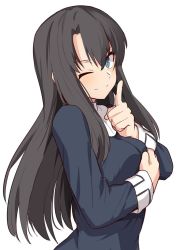 Rule 34 | 1girl, black shirt, blue eyes, breasts, character request, check character, commentary request, fate/grand order, fate (series), fujimaru ritsuka (male), genderswap, genderswap (mtf), hair between eyes, long hair, long sleeves, medium breasts, one eye closed, pointing, pointing at viewer, shirt, shiseki hirame, simple background, smile, solo, upper body, white background