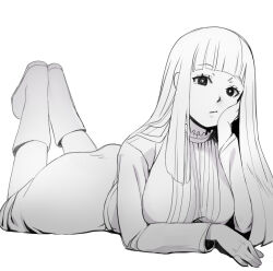 Rule 34 | 1girl, boots, collar, commentary, dress, english commentary, fern (sousou no frieren), frilled collar, frills, full body, greyscale, hand on own cheek, hand on own face, hand up, highres, legs together, legs up, long hair, long sleeves, looking at viewer, lying, monochrome, on stomach, parted lips, sho-n-d, sidelocks, simple background, solo, sousou no frieren, white background
