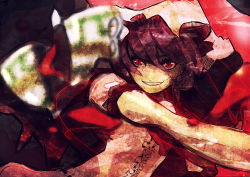 Rule 34 | 1girl, bad id, bad pixiv id, female focus, grin, hat, iketa, outstretched arm, purple hair, red eyes, remilia scarlet, short sleeves, slit pupils, smile, smirk, solo, touhou
