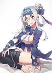 Rule 34 | 10s, 1girl, ainu clothes, anchor, barefoot, black thighhighs, blue eyes, breasts, chain, folded ponytail, headband, highres, kamoi (kancolle), kantai collection, long hair, long sleeves, looking at viewer, medium breasts, open mouth, sideboob, sidelocks, sitting, solo, thick eyebrows, thighhighs, tugo, white hair, wrist guards
