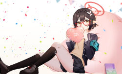 Rule 34 | 1girl, armband, ayane (blue archive), azisai, balloon, bean bag chair, black footwear, black hair, black jacket, black skirt, black socks, blue archive, blush, braid, closed mouth, confetti, crown braid, glasses, hair ornament, halo, happy birthday, heart balloon, highres, jacket, kneehighs, loafers, long sleeves, looking at viewer, miniskirt, open clothes, open jacket, pointy ears, red-framed eyewear, semi-rimless eyewear, shirt, shoes, short hair, sidelocks, sitting, skirt, smile, socks, solo, sweater, sweater vest, white background, white shirt, yellow sweater