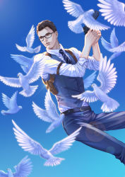 Rule 34 | 1boy, android, belt, bird, black-framed eyewear, blue background, blue sky, blue vest, brown eyes, brown hair, connor (detroit), day, detroit: become human, dove, feet out of frame, glasses, gradient background, gun, handgun, hands up, hei yu, holding, holding gun, holding weapon, holster, lens flare, male focus, necktie, outdoors, pistol, sky, too many, too many birds, vest, weapon