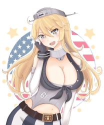 Rule 34 | 10s, 1girl, american flag, bare shoulders, blonde hair, blue eyes, blush, breasts, cleavage, hair between eyes, headgear, iowa (kancolle), kantai collection, large breasts, long hair, looking at viewer, midriff, minoshi, navel, open mouth, smile, solo, star-shaped pupils, star (symbol), symbol-shaped pupils