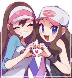Rule 34 | 2girls, alternate hairstyle, bare shoulders, black vest, blue eyes, brown hair, closed eyes, creatures (company), game freak, hair down, hat, heart, heart hands, heart hands duo, highres, hilda (pokemon), long hair, looking at viewer, multiple girls, nintendo, omochi (omotimotittona3), open clothes, open mouth, open vest, pokemon, pokemon bw, pokemon bw2, rosa (pokemon), shirt, sleeveless, sleeveless shirt, smile, teeth, upper body, very long hair, vest, visor cap, white background, white headwear, white shirt