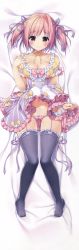 Rule 34 | 1girl, absurdres, bed sheet, black thighhighs, blush, bow, breasts, brown eyes, cameltoe, choker, cleavage, closed mouth, clothes lift, collarbone, copyright request, dakimakura (medium), dress, dress lift, feet, frilled dress, frilled sleeves, frilled thighhighs, frills, from above, full body, garter straps, hair ribbon, hand up, highres, huge filesize, konomi (kino konomi), legs, lifted by self, long image, looking at viewer, lowleg, lowleg panties, lying, medium breasts, multicolored clothes, multicolored dress, navel, no shoes, on back, panties, pink bow, pink hair, pink panties, puffy short sleeves, puffy sleeves, purple ribbon, red eyes, ribbon, ribbon choker, shiny clothes, shiny skin, short dress, short hair, short sleeves, short twintails, smile, solo, tall image, thighhighs, toes, twintails, underwear, yellow bow, yellow ribbon