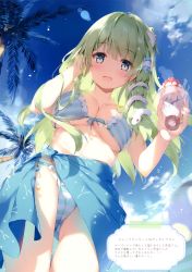 Rule 34 | 1girl, :d, absurdres, bikini, blue bikini, blue eyes, blue sky, blush, breasts, cameltoe, cloud, cowboy shot, day, food, frog hair ornament, from below, gluteal fold, green hair, hair ornament, hair tubes, hand in own hair, hands up, highres, holding, ice cream, kochiya sanae, large breasts, lens flare, long hair, looking at viewer, miyase mahiro, open mouth, outdoors, palm tree, sarong, scan, sky, smile, snake hair ornament, solo, standing, stomach, striped bikini, striped clothes, swimsuit, thigh gap, thighs, touhou, tree, umbrella, underboob, water drop, white bikini