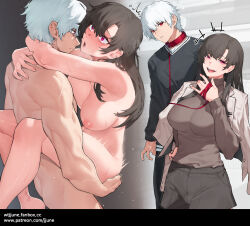Rule 34 | 1boy, 1girl, black hair, black shorts, blush, breasts, cleavage, commentary, completely nude, grey shirt, hetero, jacket, jacket on shoulders, jjune, large breasts, long hair, long sleeves, looking at viewer, nipples, nude, open mouth, original, purple eyes, sex, shirt, shirt tucked in, shorts, smile, standing, standing sex, suspended congress, white hair, white jacket