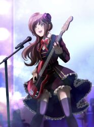 Rule 34 | 1girl, bang dream!, bass guitar, bow, bowtie, brown hair, commentary request, dress, electric guitar, fender precision bass, frilled dress, frilled sleeves, frills, guitar, hat, highres, imai lisa, instrument, leggings, long hair, microphone, mini hat, music, playing guitar, ponytail, purple dress, purple leggings, red bow, red bowtie, shirt, singing, white shirt, xin (blueramen)