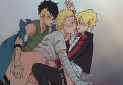 Rule 34 | 3boys, age difference, anal, blonde hair, blue eyes, blush, boruto: naruto next generations, cum, cum in ass, cumdrip, drooling, erection, family, father and son, group sex, incest, kawaki (boruto), kiss, male focus, male penetrated, mmm threesome, multicolored hair, multiple boys, naruto, naruto (series), pa3 100, penis, piercing, sex, smaller dominant, smile, threesome, undressing, uzumaki boruto, uzumaki naruto, yaoi