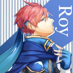 Rule 34 | 1boy, armor, bad id, bad twitter id, blue eyes, cape, character name, fingerless gloves, fire emblem, fire emblem: the binding blade, gloves, headband, highres, male focus, nintendo, pauldrons, red hair, roy (fire emblem), shoulder armor, solo