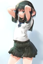 Rule 34 | 1girl, arms behind head, arms up, black hair, black skirt, blush, breasts, closed mouth, cowboy shot, dd (ijigendd), fubuki (kancolle), green eyes, highres, kantai collection, looking at viewer, pleated skirt, school uniform, serafuku, short hair, short sleeves, simple background, skirt, small breasts, solo