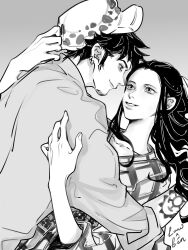 Rule 34 | 1boy, 1girl, arm tattoo, character name, closed mouth, couple, earrings, facial hair, fur hat, goatee, hat, hetero, highres, hug, japanese clothes, jewelry, kimono, long hair, looking at another, monochrome, nico robin, one piece, short hair, smile, tattoo, trafalgar law, zxhcarat