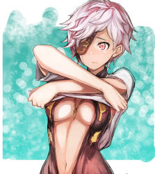 Rule 34 | 10s, 1girl, absurdres, breasts, center opening, cleavage, eyepatch, gradient background, granblue fantasy, highres, itadaku, jewelry, navel, necklace, one-piece swimsuit, red eyes, short hair, silver hair, solo, spiked hair, swimsuit, swimsuit under clothes, tania (granblue fantasy), undressing