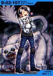 Rule 34 | 1boy, animal, animal hands, armor, black eyes, black footwear, black hair, blood, blood on face, blue background, blue pants, blush stickers, brown armor, check gender, claws, closed eyes, commentary request, dark background, denim, dog, dog paws, e.g.o (project moon), employee (project moon), full body, gauntlets, heart, holding, holding animal, jeans, lobotomy corporation, long sleeves, male focus, meimaru inuchiyo, numbered, open mouth, pants, partial commentary, ppodae, project moon, puppy, roaring, sharp teeth, shoes, short hair, single gauntlet, single shoulder pad, skirt, smile, solid circle eyes, teeth, upper teeth only, white skirt