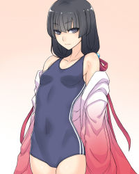 Rule 34 | 1girl, bare shoulders, black eyes, black hair, collarbone, double vertical stripe, gradient background, hair ornament, hair ribbon, highres, katagiri (a1466502), long hair, looking at viewer, one-piece swimsuit, original, ribbon, shiny skin, smile, solo, swimsuit