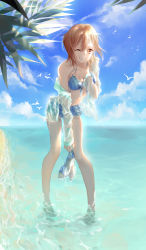 Rule 34 | 1girl, 760458699, ;d, absurdres, bikini, bikini skirt, bird, blue bikini, blue skirt, blue sky, breasts, brown eyes, brown hair, cleavage, cloud, collarbone, day, dress shirt, floating hair, full body, grin, highres, holding, holding shoes, layered skirt, long sleeves, looking at viewer, miniskirt, ocean, off shoulder, one eye closed, open clothes, open mouth, open shirt, original, outdoors, see-through, shirt, shoes, short hair, skirt, sky, smile, soaking feet, solo, swimsuit, untied bikini, wading, wet, wet clothes, wet shirt, white shirt