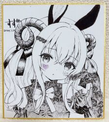 Rule 34 | 1girl, :o, animal ears, bare shoulders, blush, bow, chitosezaka suzu, commentary request, dated, detached sleeves, dress, elbow gloves, facial mark, gloves, hair bow, highres, horns, long hair, looking at viewer, original, parted lips, photo (medium), puffy short sleeves, puffy sleeves, rabbit ears, revision, shirt, short sleeves, signature, sleeveless, sleeveless shirt, solo, traditional media, twintails, upper body